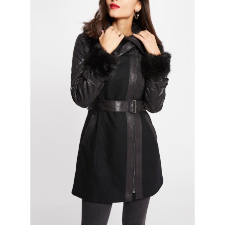 Cappotto dritto collo alto con zip in misto lana da indossare con cintura | Nero