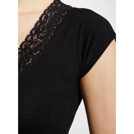 T-shirt scollo a V in pizzo | Nero