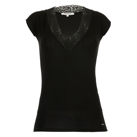 T-shirt scollo a V in pizzo | Nero