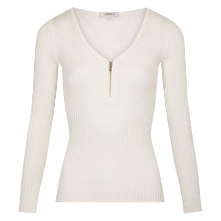 Maglione scollo a V con zip in magli a coste | Bianco