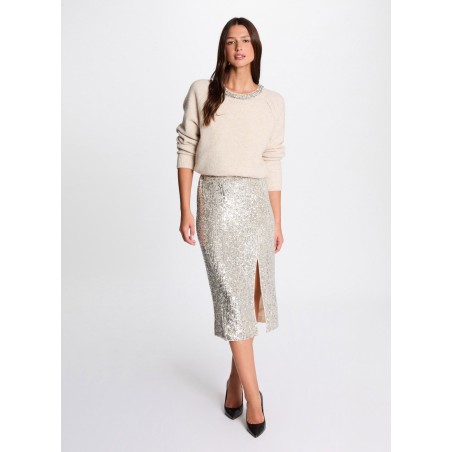 JESQUIA - Gonna midi dritta con lustrini | Beige