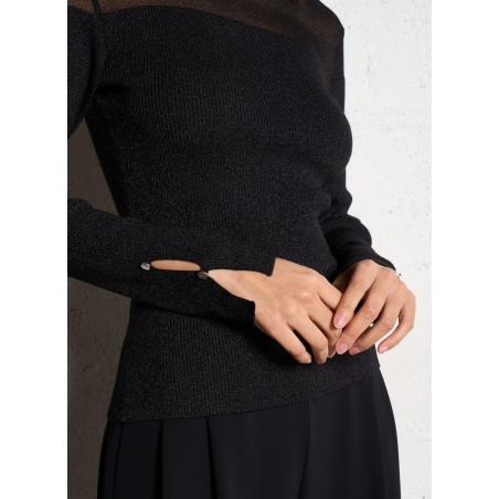 MIBIS - Maglione con collo alto semi-trasparente | Nero