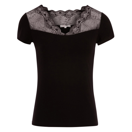 DCLARY.N - T-shirt scollo a V con applicazione in pizzo | Nero