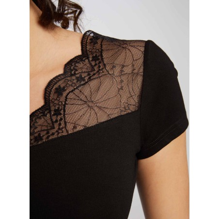 DCLARY.N - T-shirt scollo a V con applicazione in pizzo | Nero