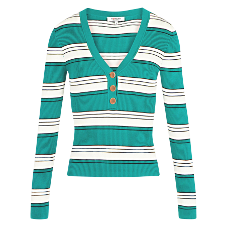 MINOU - Maglione attillato con scollo a V a righe | Verde