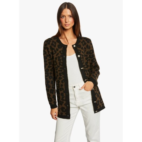 MIRENA - Cardigan scollo tondo con motivo leopardato | Nero