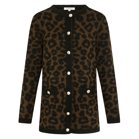 MIRENA - Cardigan scollo tondo con motivo leopardato | Nero