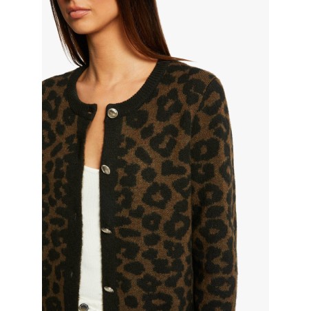 MIRENA - Cardigan scollo tondo con motivo leopardato | Nero