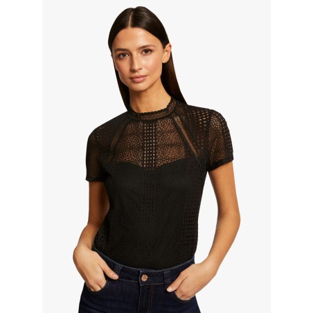 DIMA - T-shirt a collo alto in pizzo in misto cotone | Nero